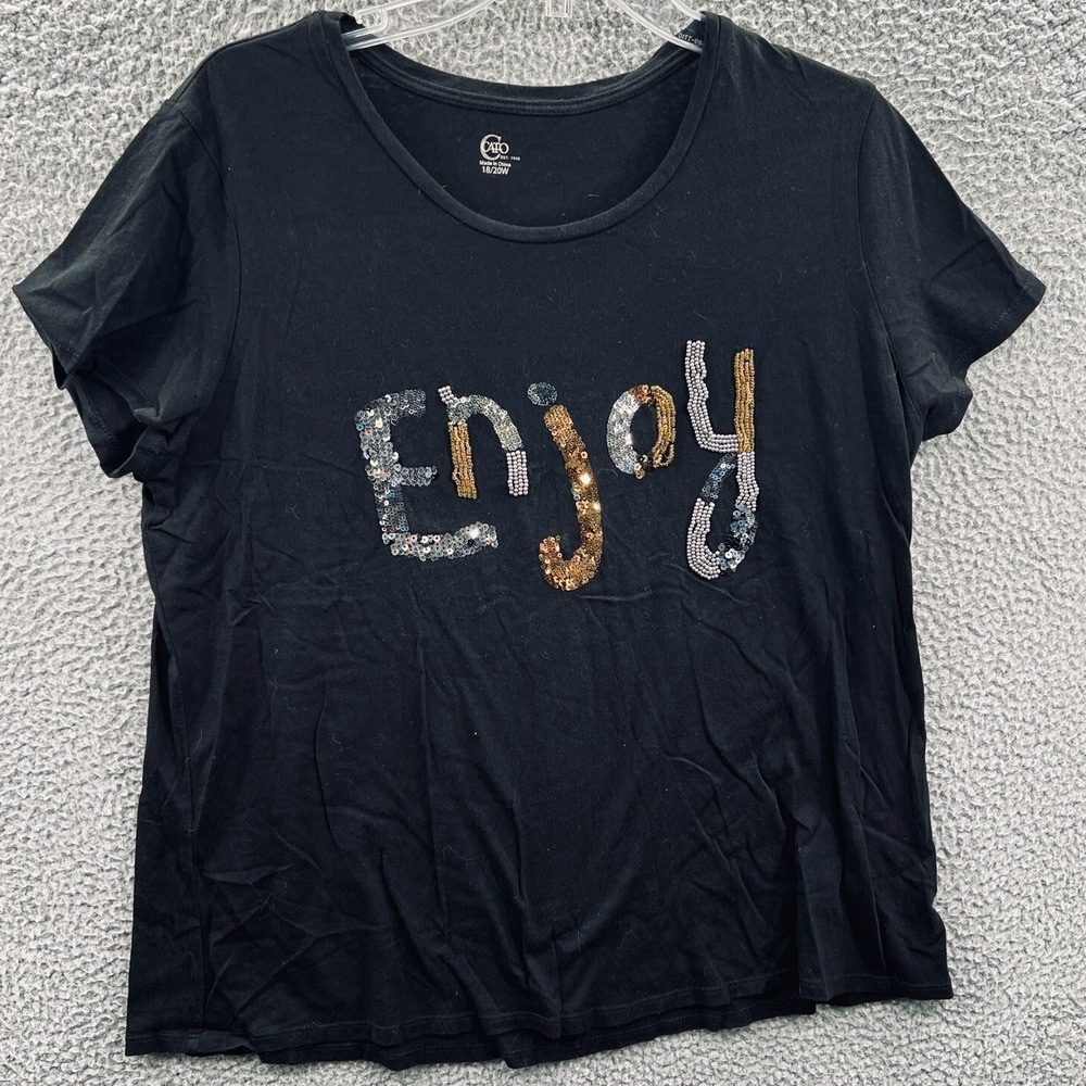 Womens Graphic Tee 18/20W Black Sequin Enjoy Casual Glam Relaxed Statement Top‎